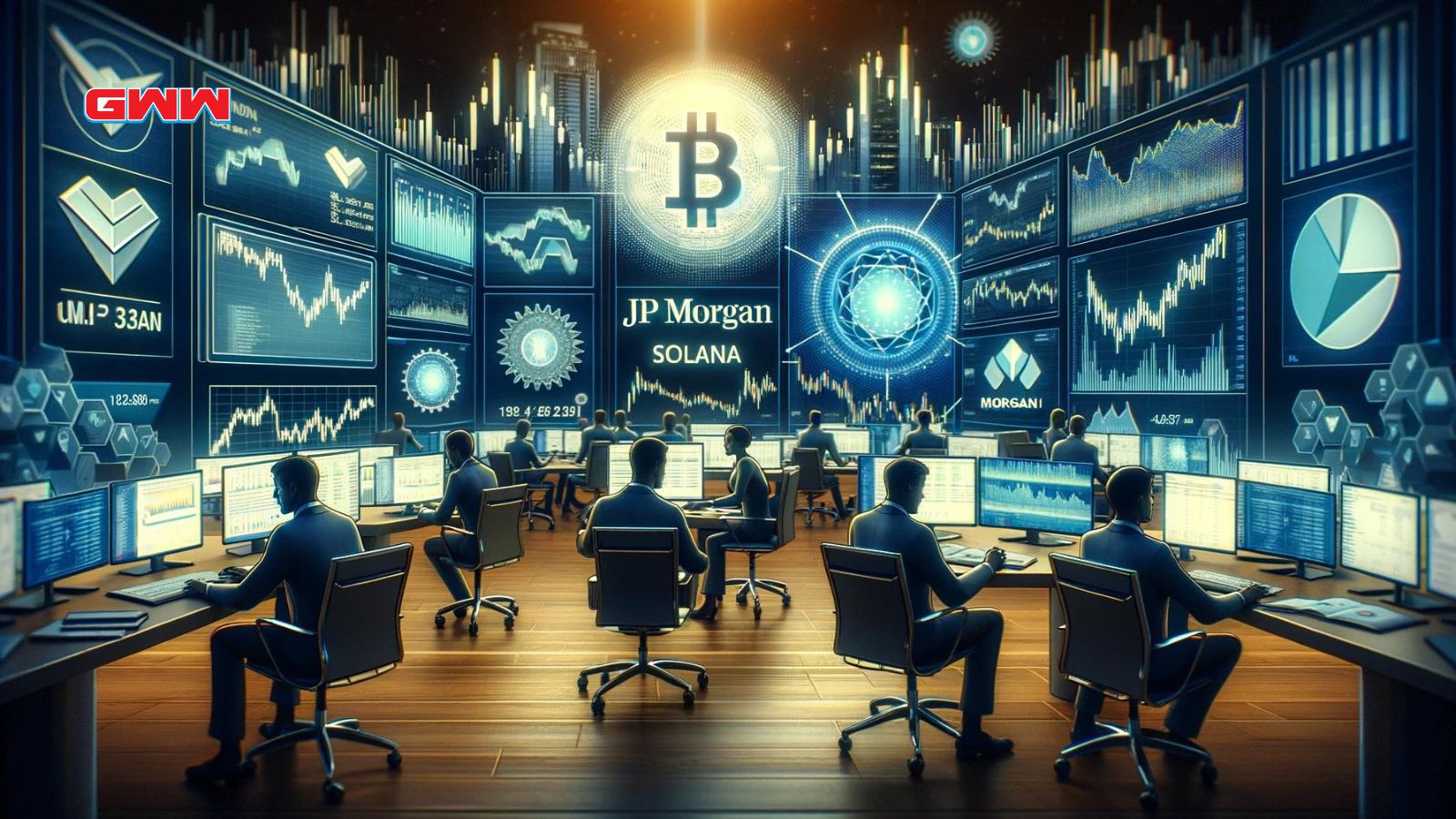 A financial scene depicting JP Morgan's skepticism about the approval of Solana and other crypto ETFs