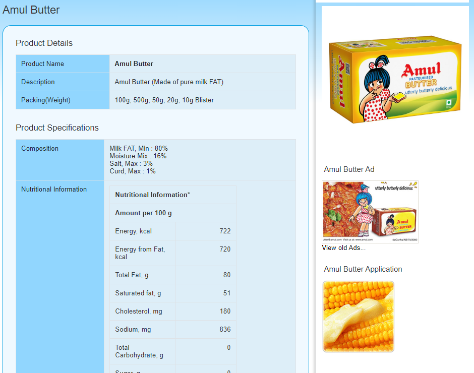 Amul butter specification