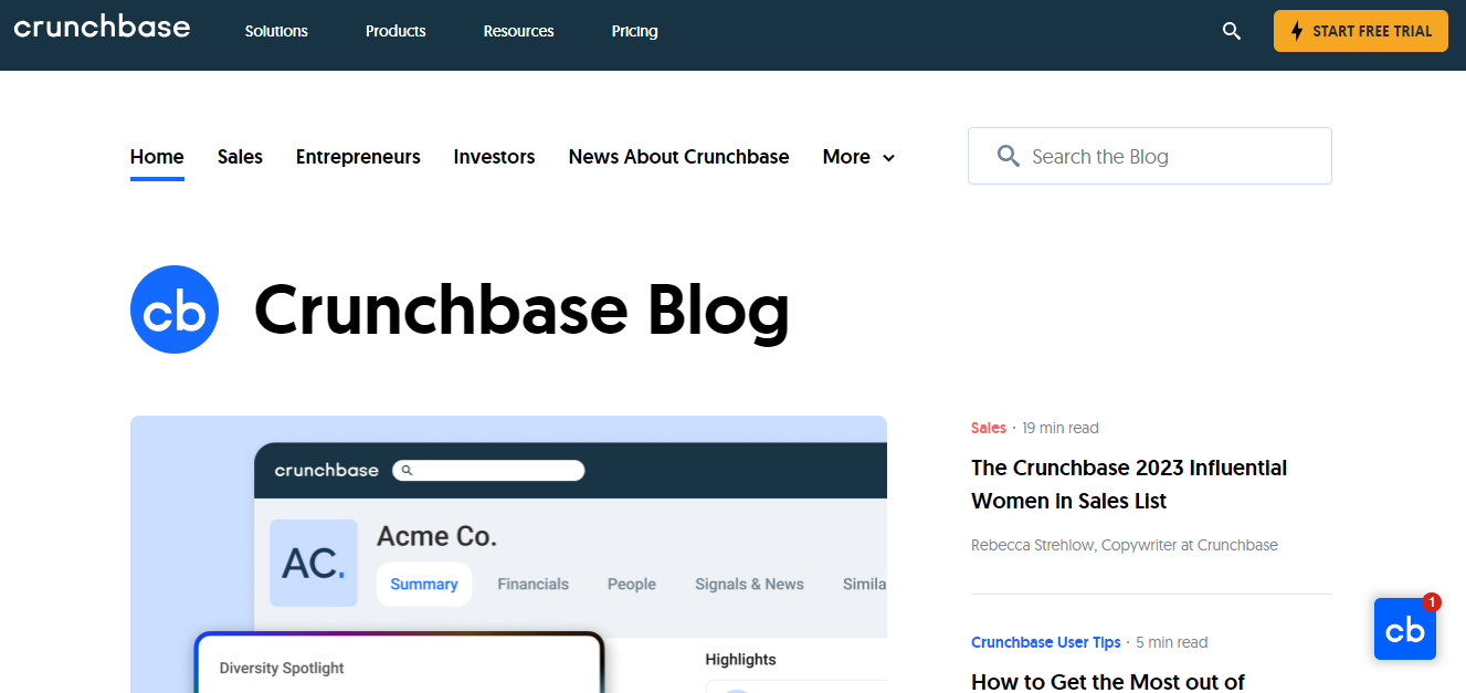 Crunchbase blog homepage