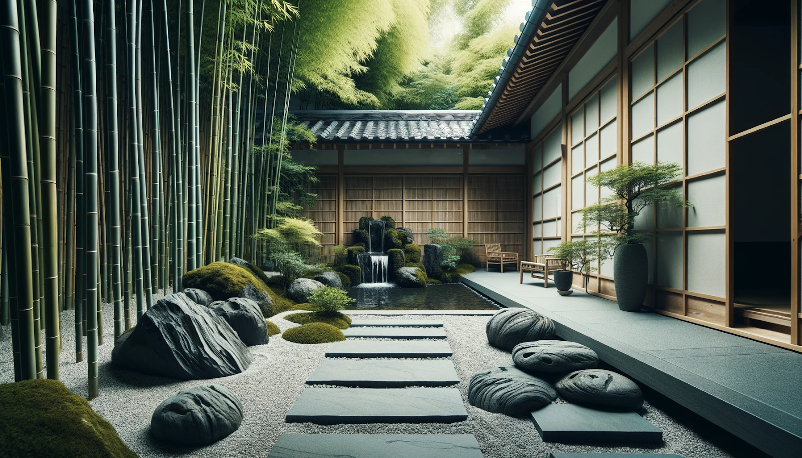 a courtyard with a waterfall and rocks