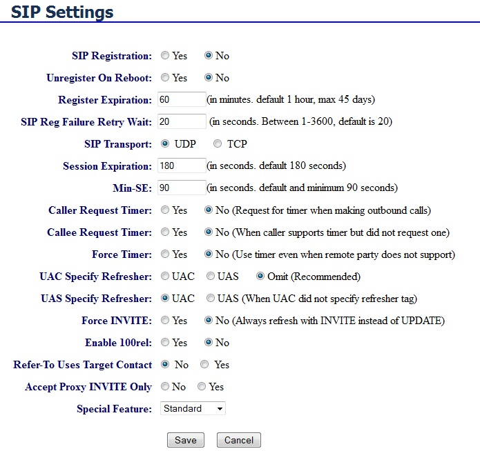 Screenshot of SIP Settings