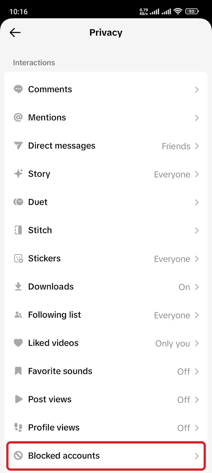 Mobile screenshot of the TikTok app's privacy settings scrolled all the way down to the bottom, with the "Blocked accounts" option being highlighted.