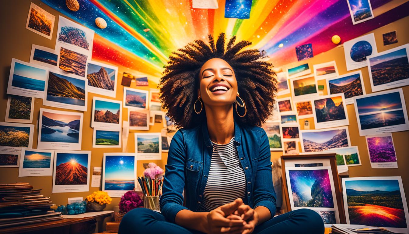 A person sits in a bright room with their eyes closed, visualizing their desires as if they've already manifested. The room is filled with symbolic images of their goals, such as a car or a house, surrounded by positive affirmations and vivid colors representing abundance. A beam of light shines down on the person, symbolizing the universe's support and energy flowing towards their manifestation.