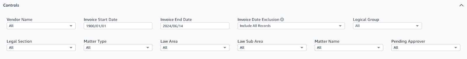 Image of control bar and Invoice metrics tab filters