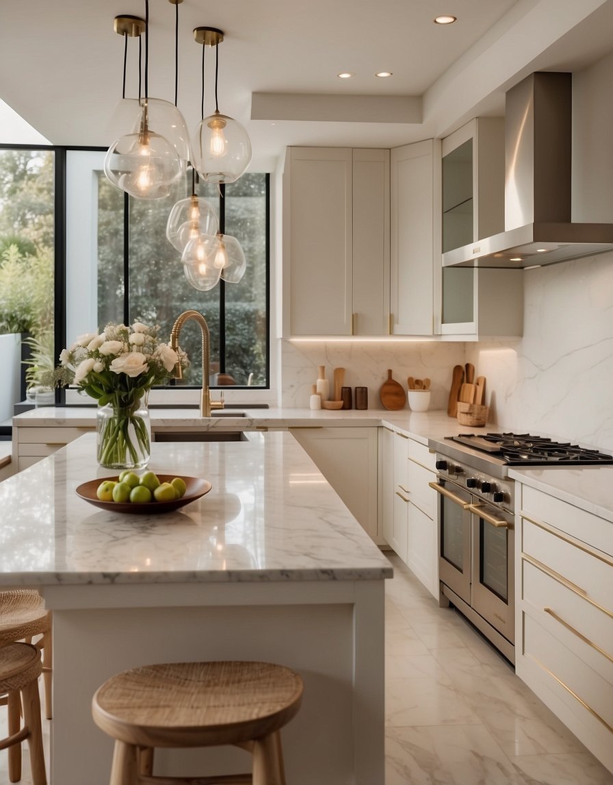 A modern kitchen with creamy ivory cabinets, sleek hardware, and a marble countertop. Natural light floods the space, creating a warm and inviting atmosphere