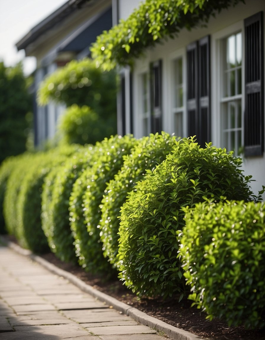 21 privet bushes line the front of a house, varying in height and fullness, creating a lush green border