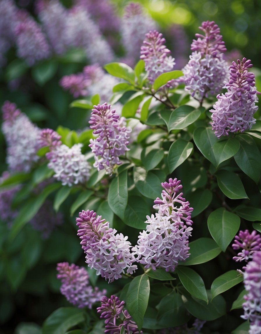 Lilac bushes surrounded by healthy foliage, with no signs of pests or disease. Bright, vibrant blooms in various shades of purple and white