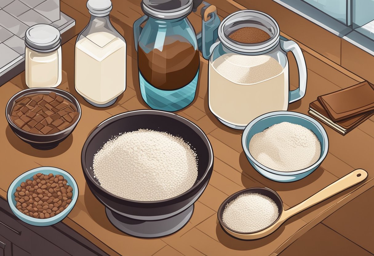 A kitchen counter with bowls of flour, sugar, and cocoa powder. A whisk and spatula sit nearby. A bag of chocolate chips and a recipe book are open