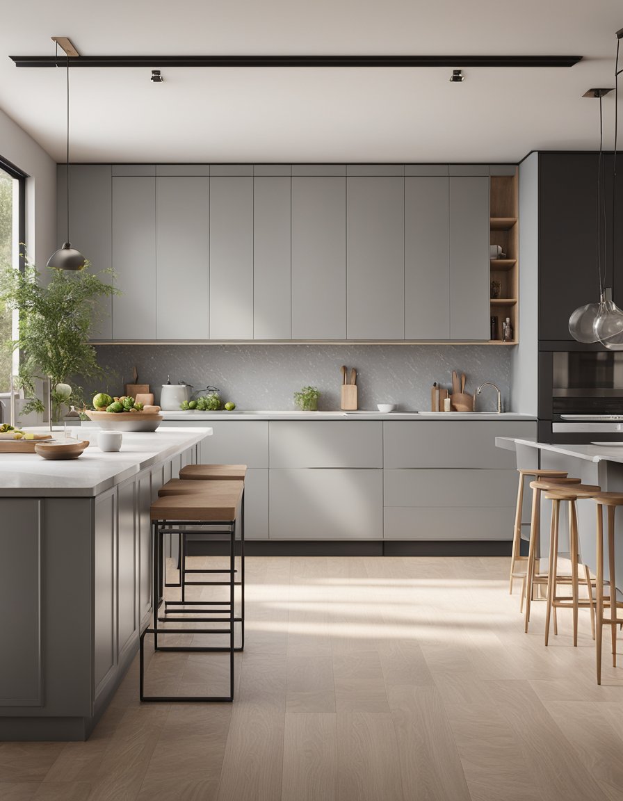 A spacious kitchen with light gray transitional style cabinets, featuring clean lines and sleek hardware. The room is flooded with natural light, creating a bright and inviting atmosphere