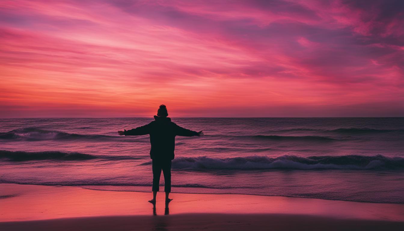 A serene beach scene with a person standing in front of the ocean, hands outstretched towards the horizon. The sky is a gradient of pink and orange hues, with wispy clouds. The person's silhouette is filled with positive affirmations written in bold, white letters that glow in the sunlight.