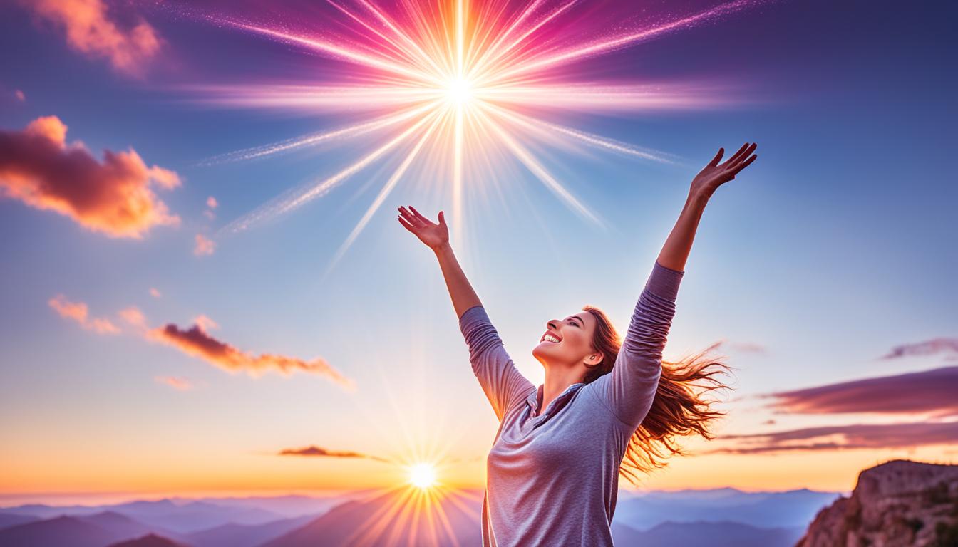 A woman standing on a mountaintop, surrounded by a beautiful sunset with outstretched arms as if embracing the world. Above her head, there is a bright shining starburst, symbolizing her manifesting love strategies and attracting her ideal partner.