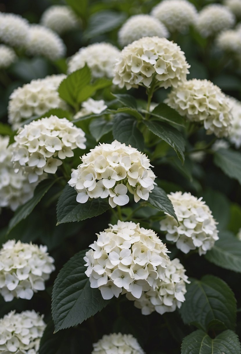 A cluster of 31 white hydrangea flowers in full bloom