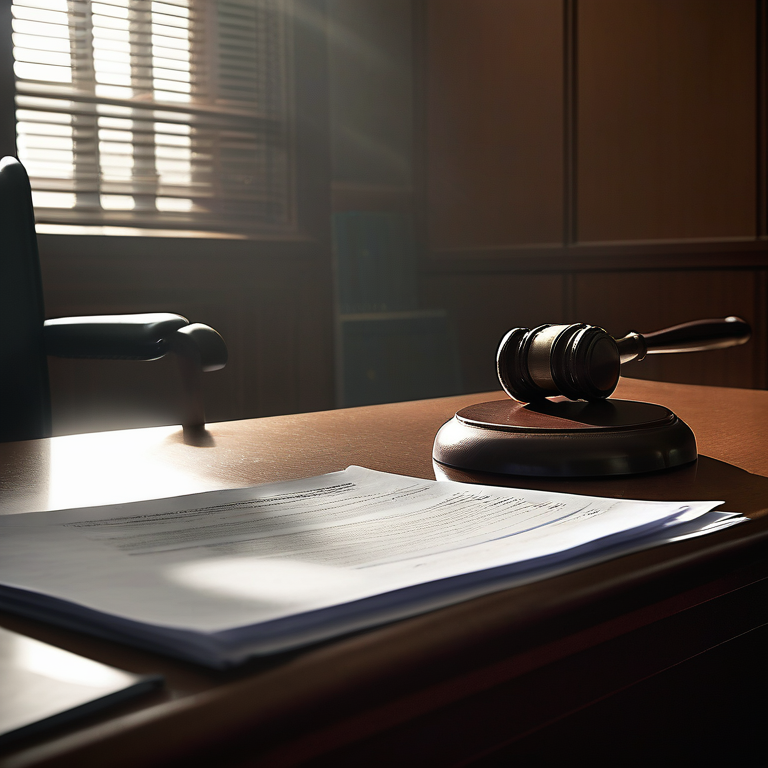 Empty wheelchair beside a desk in a courtroom, with a gavel on legal documents.