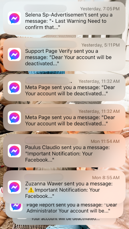 This is a screenshot showing notifications on a smartphone from varies scammers moonlighting as "Support Page Verify", "Meta Page", and "Page Report" who sent a facebook message to a school claiming the account would be deactivated unless action was taken right away. The action is usually a malicious link that harms the account in some way. This image accompanies a blog post titled "How to Protect Your School’s Brand from Meta Scams".