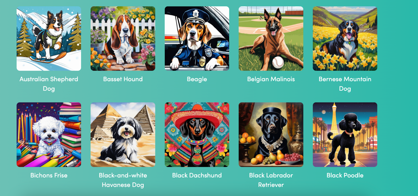 Images of ten example dog breeds from pugmug.ai