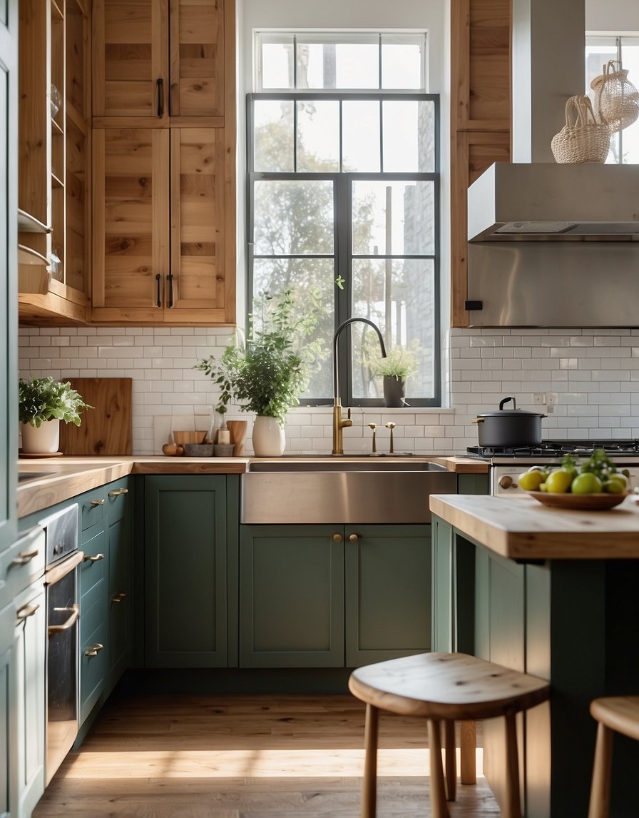 A spacious kitchen with pine green cabinets, accented with modern hardware and surrounded by natural light