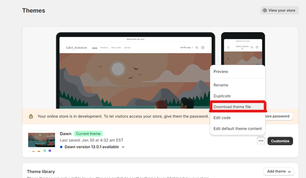 download shopify theme file option
