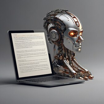 A robot head beside ai-generated website content on a laptop
