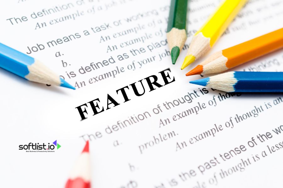 Colorful pencils surrounding the word "FEATURE" on a document.