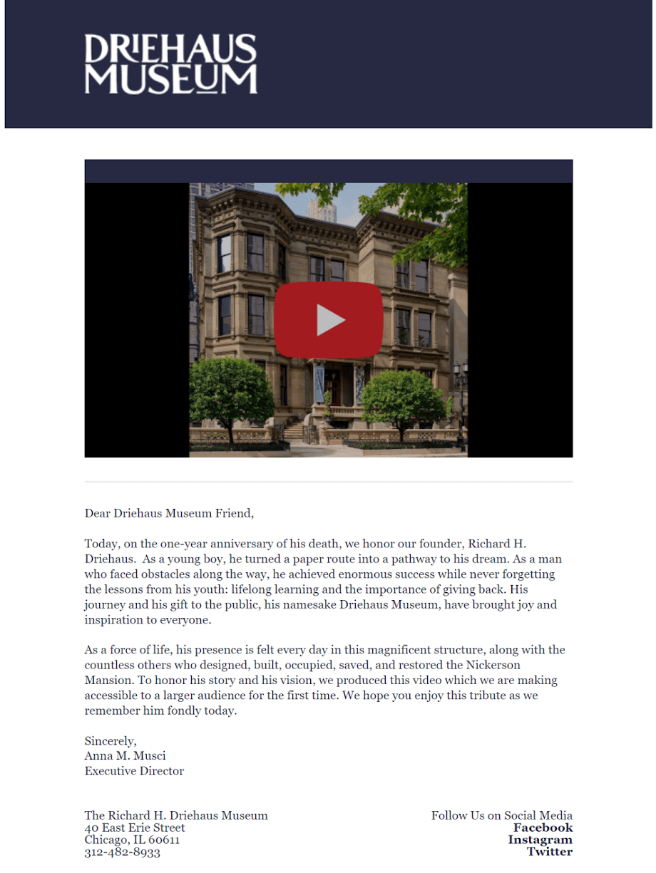 driehaus museum video email marketing example