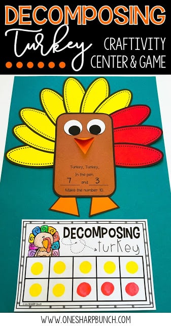 Build number sense with these interactive and thematic Decomposing Turkey activities! Gather the correct number of red and yellow feathers and place them around the turkey craft. Don’t forget to sing the fun chant!