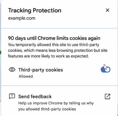 A screenshot of the Tracking Protection feature in Google Chrome, with the third-party cookies toggle turned on.