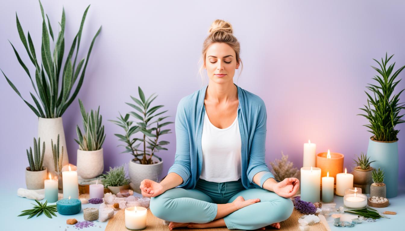 An image of a person sitting cross-legged on a mat, surrounded by various items such as candles, crystals, incense, and plants. The person has their eyes closed and hands resting on their knees, with a peaceful expression on their face. The background is soft and muted, with colors like lavender and pale blue. There's a sense of calm and serenity in the image, suggesting that the person is deeply engaged in self-care and mindfulness practices.