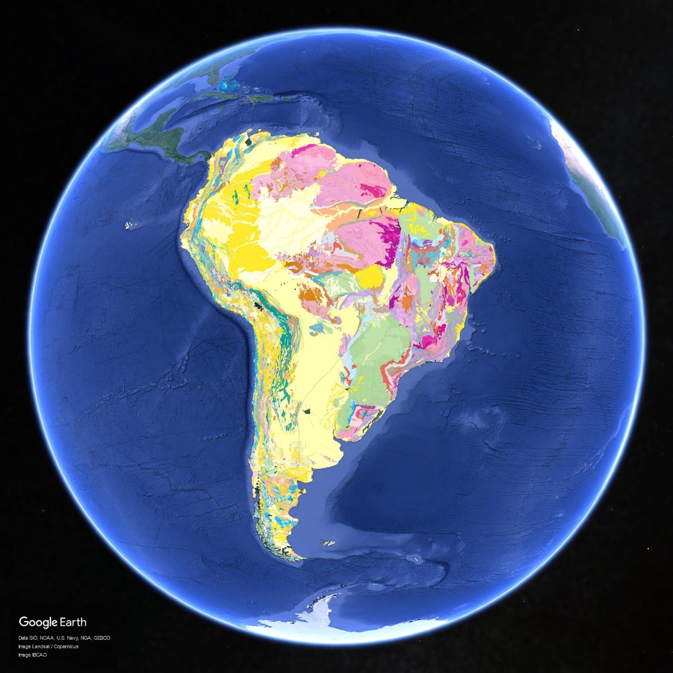 Mapa Geológico de Suramérica en Google Earth.