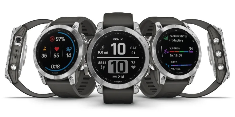 Garmin Fenix 7 Pro showing different features on different screens