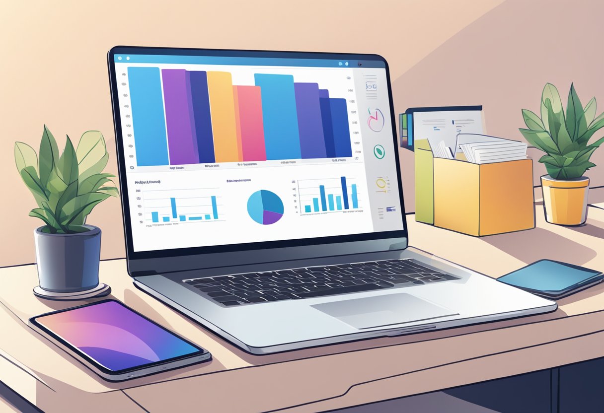 A laptop on a desk, with a phone and notebook beside it. A virtual meeting on the screen, with charts and graphs