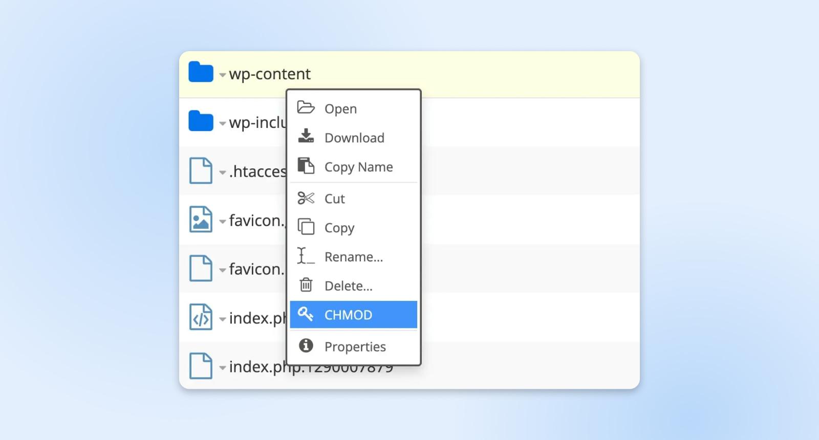 Menú con opciones para abrir, descargar, copiar, renombrar, eliminar, etc. CHMOD seleccionado bajo wp-content.