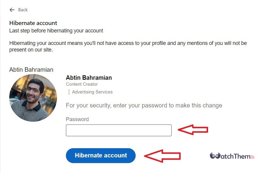 Deactivating LinkedIn Account From PC: Write Password and Click Hibernate Account