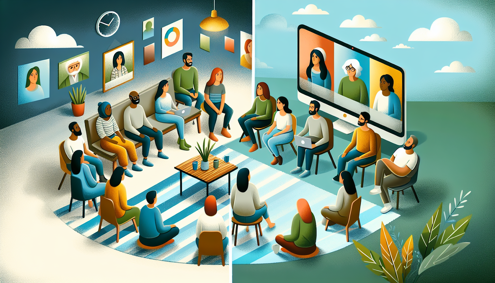 Illustration comparing online and in-person support group meetings