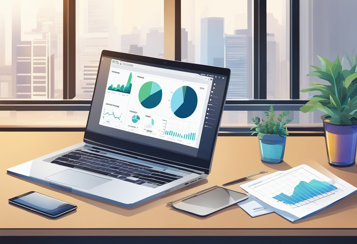 A laptop on a desk, surrounded by paperwork and a phone. A virtual meeting in progress on the screen, with charts and graphs displayed