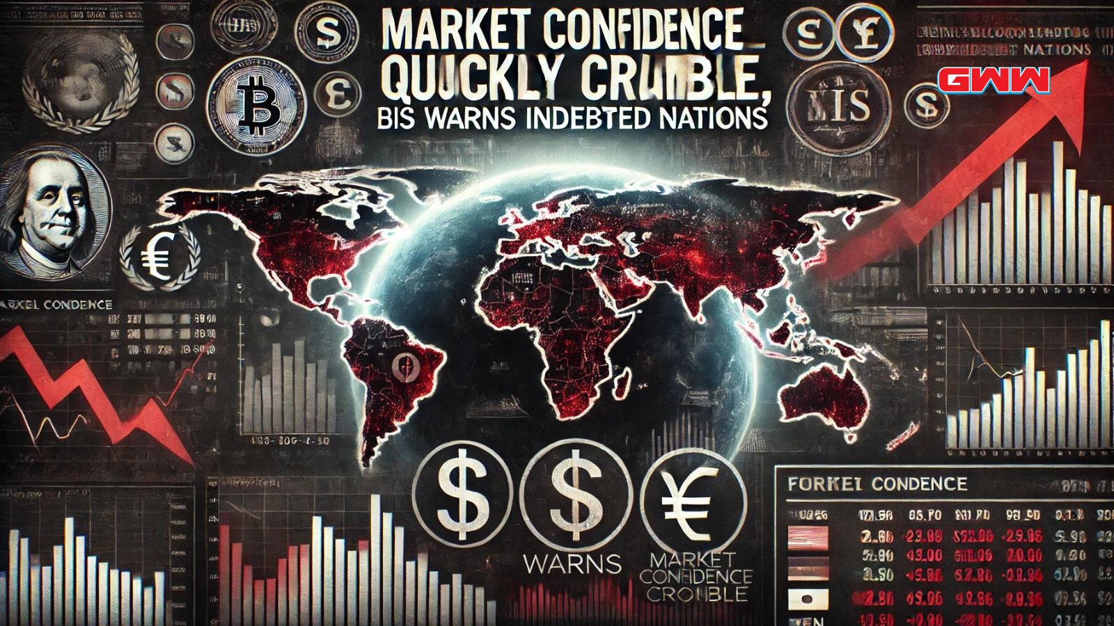 A widescreen image illustrating the headline 'Market Confidence Could Quickly Crumble, BIS Warns Indebted Nations.'