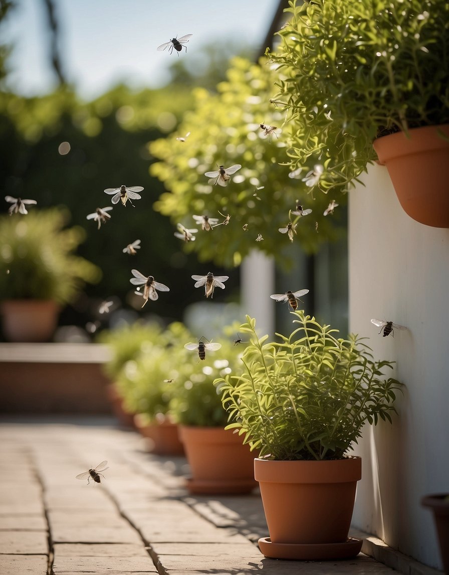 A patio with fly-repellent plants surrounded by 15 methods to eliminate flies