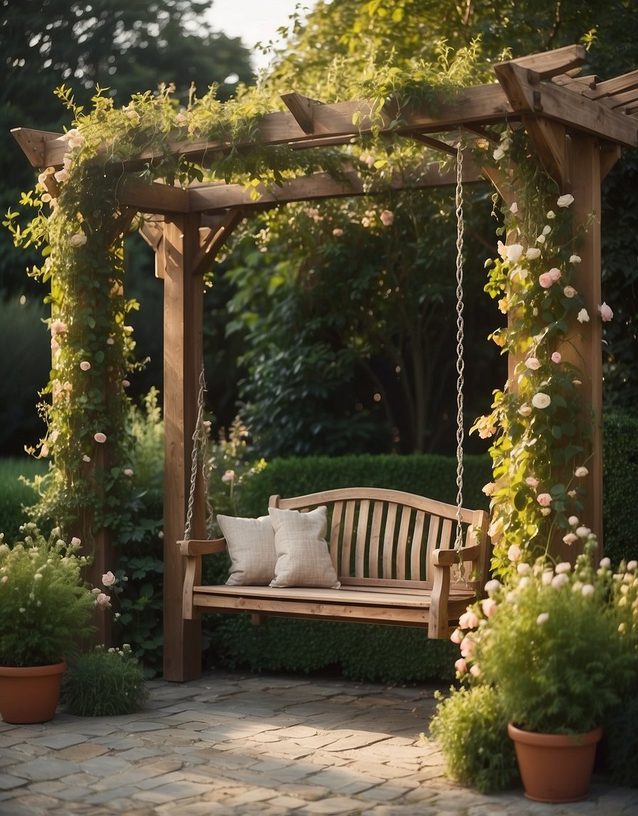 A rustic wooden pergola stands in a serene garden, adorned with a swing. Vines and flowers cascade over the structure, creating a charming and inviting scene