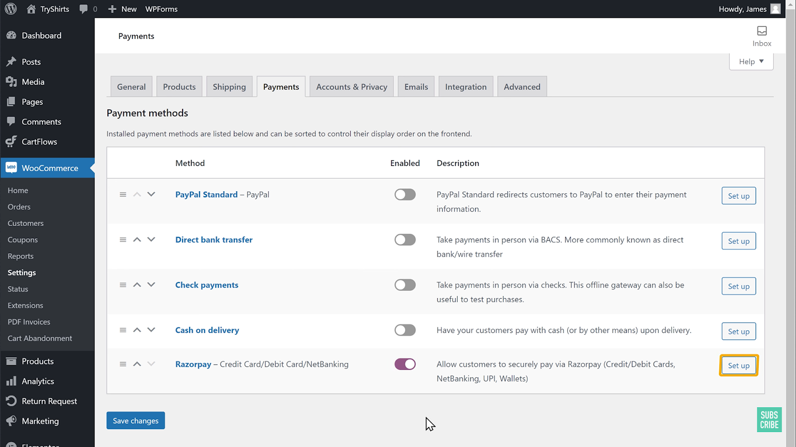 image showing WooCommerce dashboard in WordPress for enabling the razorpay as payment gateway.