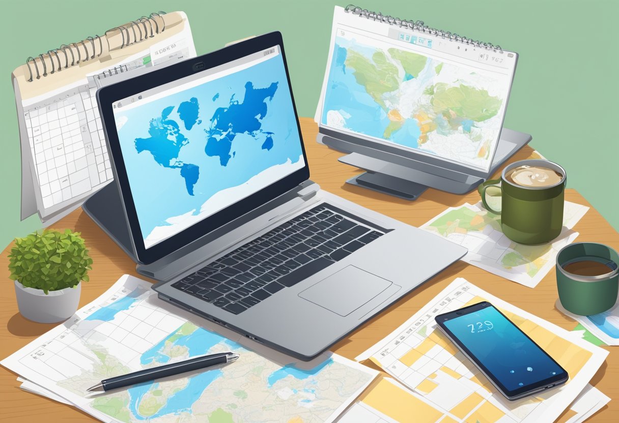 A laptop open on a desk, surrounded by papers and a pen. A phone with notifications. A calendar with dates circled. A map of the world on the wall