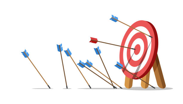 Lots arrows missed hitting target mark and only one hits the center. Business challenge failure concept. Lots arrows missed hitting target mark and only one hits the center. Shot miss. Failed inaccurate attempts to hit archery target. Vector illustration. practice stock illustrations