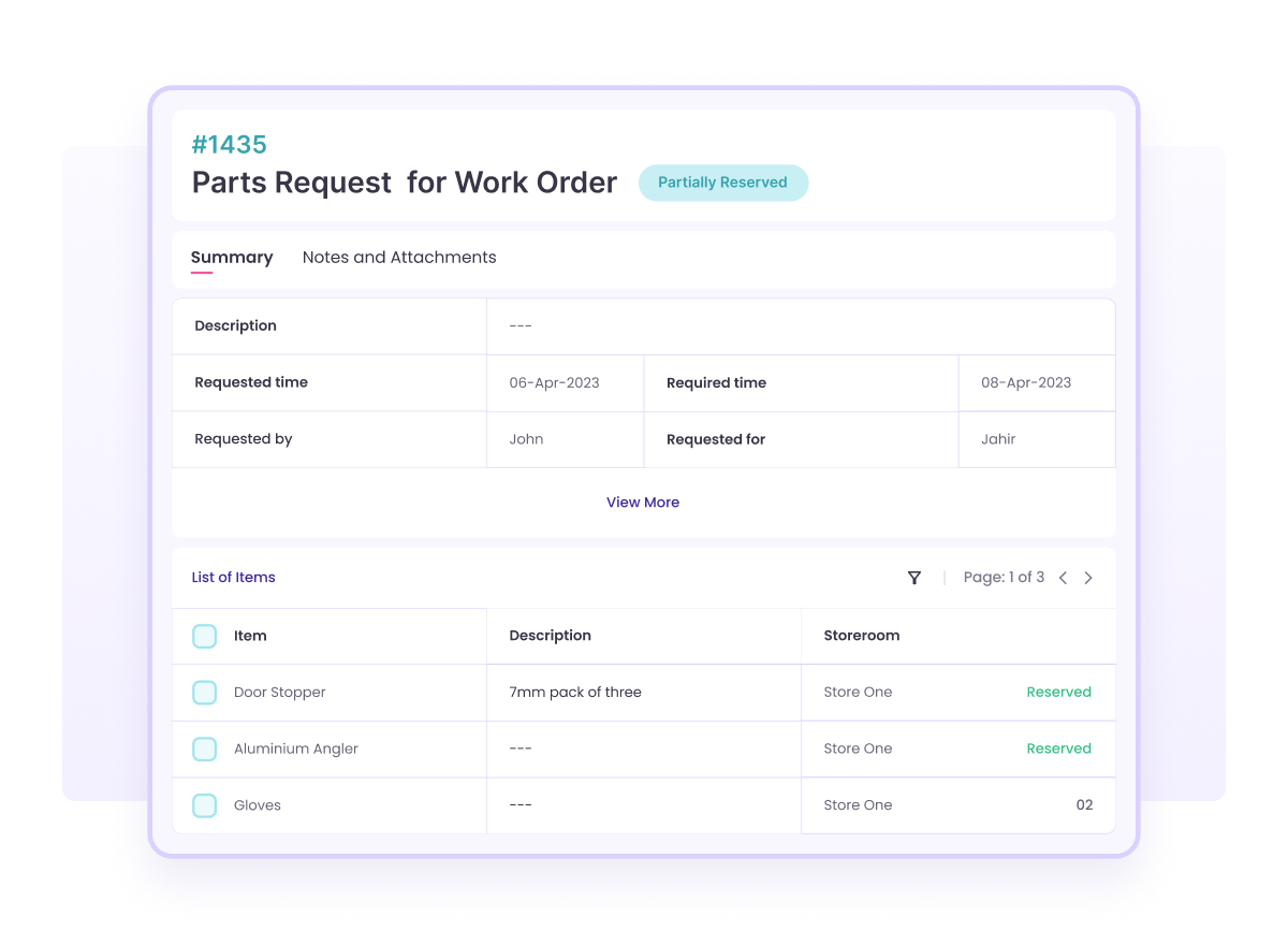  Integrated inventory module that enables parts request for a work order, including details such as the description, requested time, required time, requested by, and requested for. The interface also lists the items needed, their descriptions, and storeroom locations with their reservation statuses.