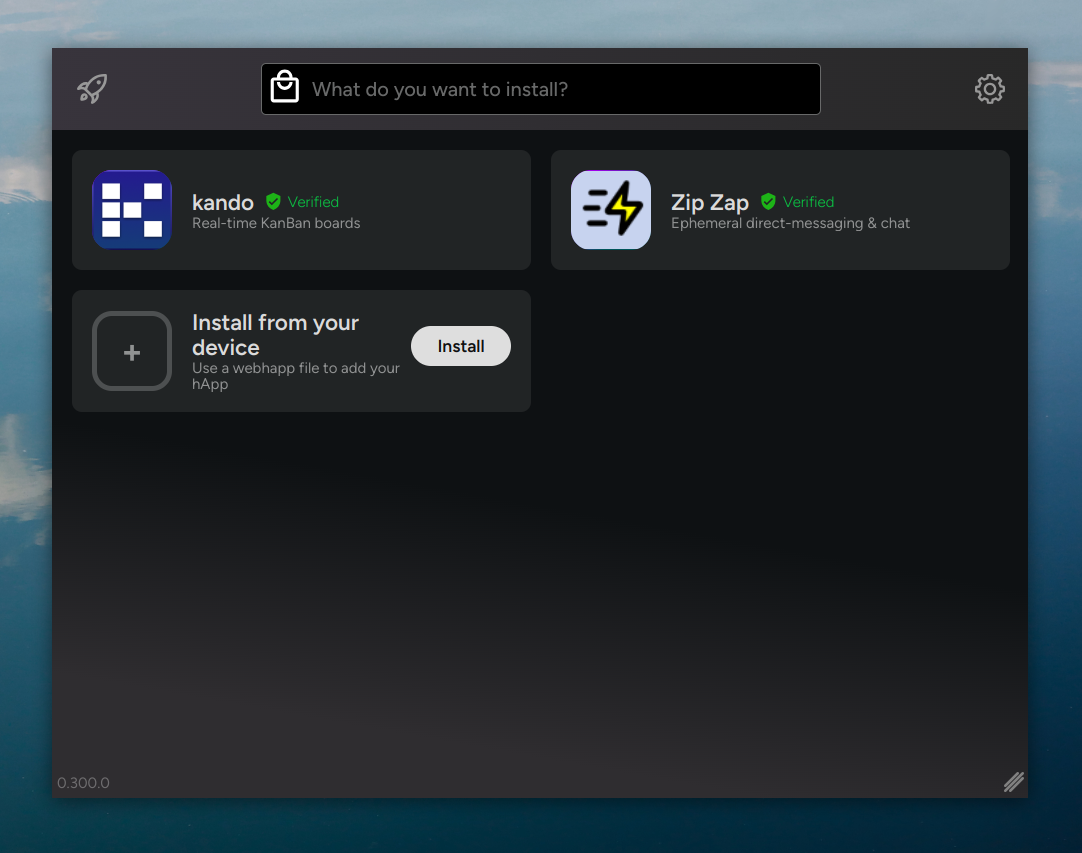 A screenshot of the launcher, now showing listings for two available apps -- kando, a realtime kanban board, and Zip Zap, ephemeral direct-messaging and chat. Both of these listings have a shield and the word 'Verified' by them. A third tile offers the option to install an app package from your device.