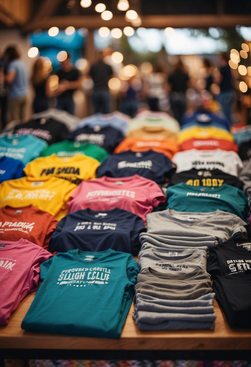 A colorful display of custom T-shirts with catchy designs and slogans, arranged on a table at a bustling craft fair