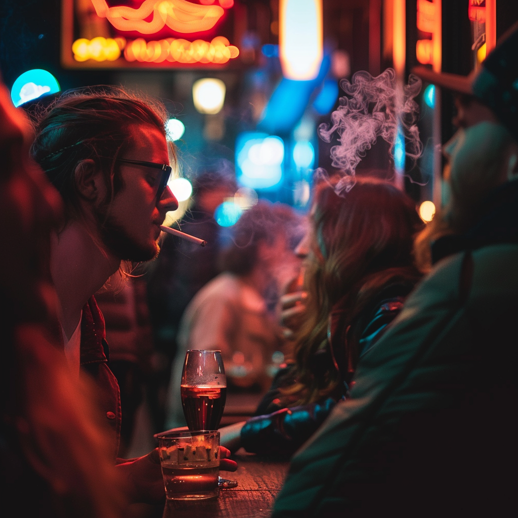 Young people smoking and drinking in front of a club. Alcohol can increase effect of smoking on hangover.