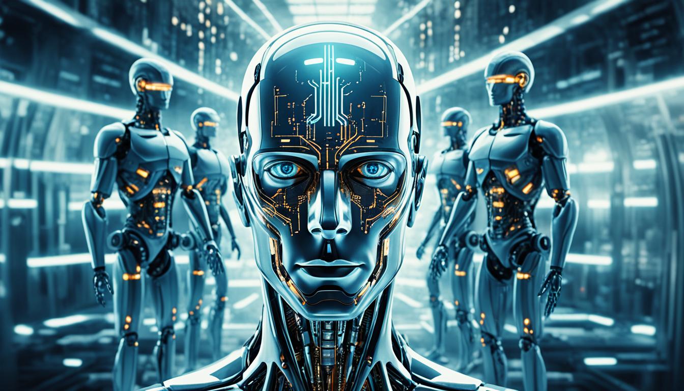 Create an image of a human and an AI merging together, blurring the lines between man and machine. The human and AI should be depicted in a futuristic setting, surrounded by advanced technology and machinery, symbolizing the rapid evolution of intelligence. Show the fusion as a seamless process, with the two entities becoming one in a harmonious and integrated way. The image should convey a sense of wonder as well as caution, raising questions about the ethical implications of creating such hybrid forms of intelligence.