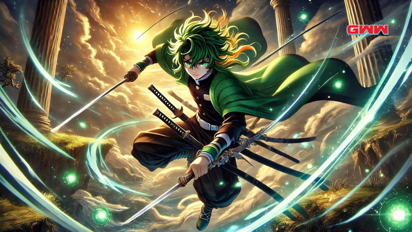  An iconic and dynamic scene from a popular anime featuring a skilled green-haired swordsman in an action pose.