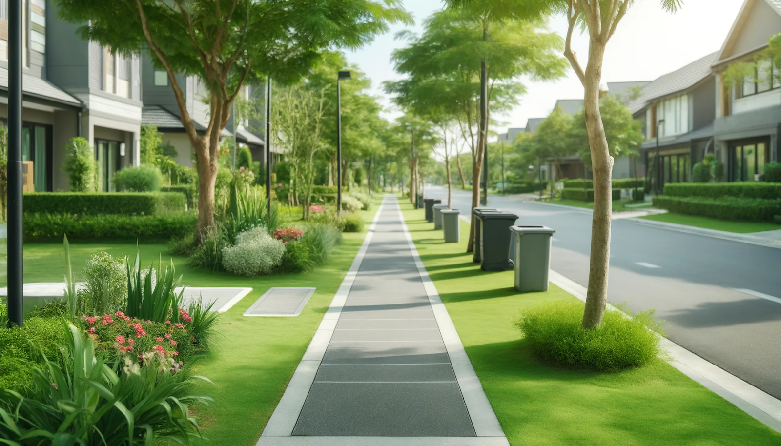 a sidewalk with trees and trash cans on the side