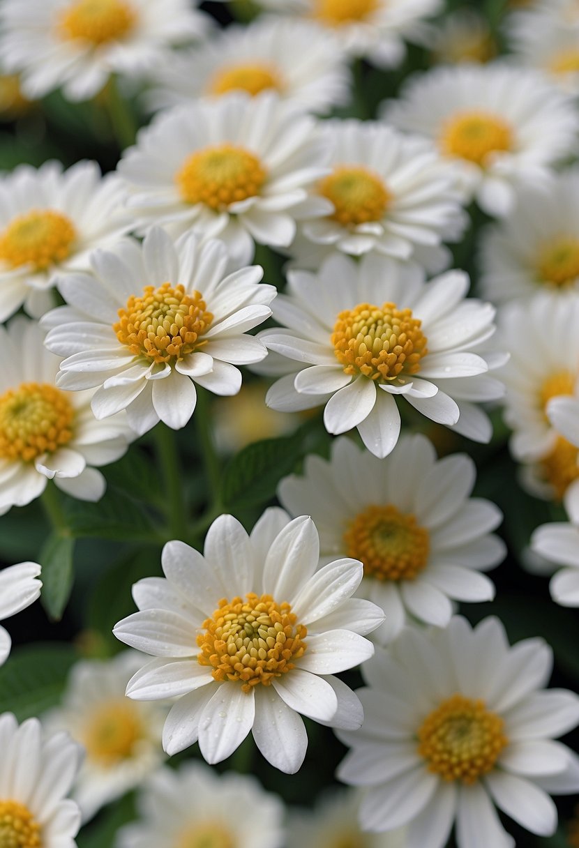 A cluster of 31 white zinnia flowers in full bloom