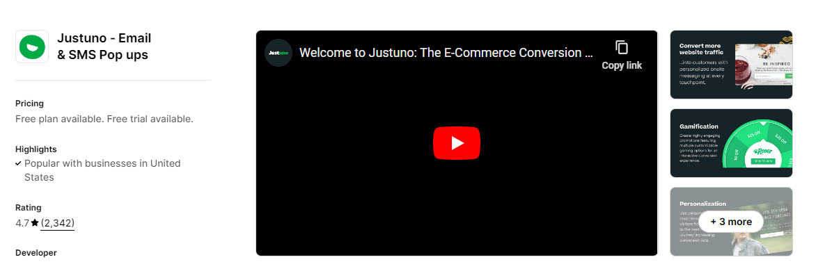 Justuno's homepage on the Shopify app store