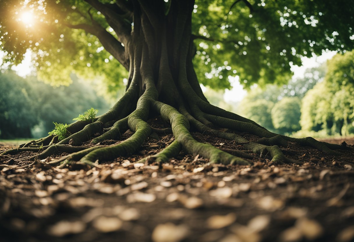 A serene garden with a tree standing tall, its roots firmly planted in the ground. A gentle breeze rustles the leaves, creating a sense of peace and security